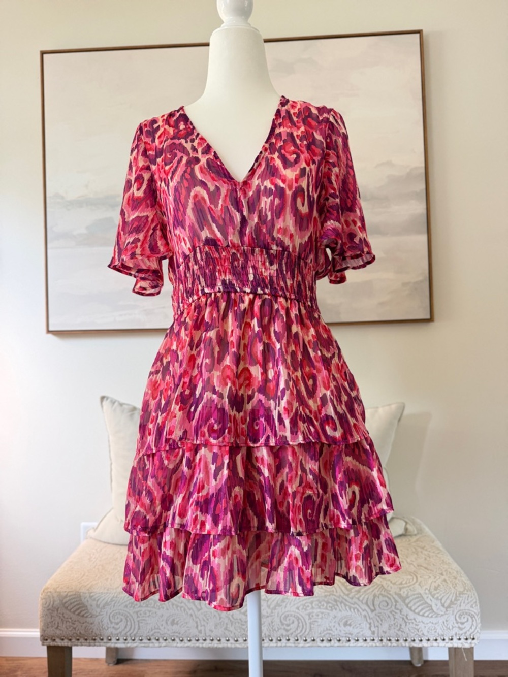 NWT Zara Mini Dress Ruffle Hem Elastic Waist Metallic Thread Mini Dress Pink S